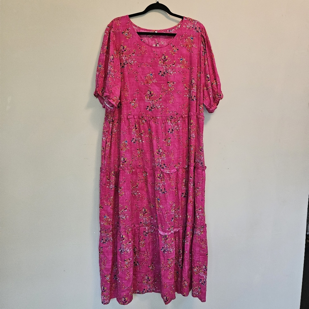 Floral Pink Maxi Dress Women Size 3XL Tiered Balloon Sleeves Lightweight Boho